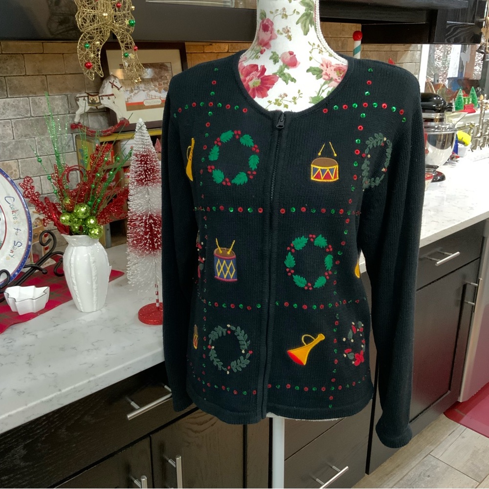 Dress Barn Vintage Embroidered Appliqué Christmas Full Zip Cardigan Sweater Med